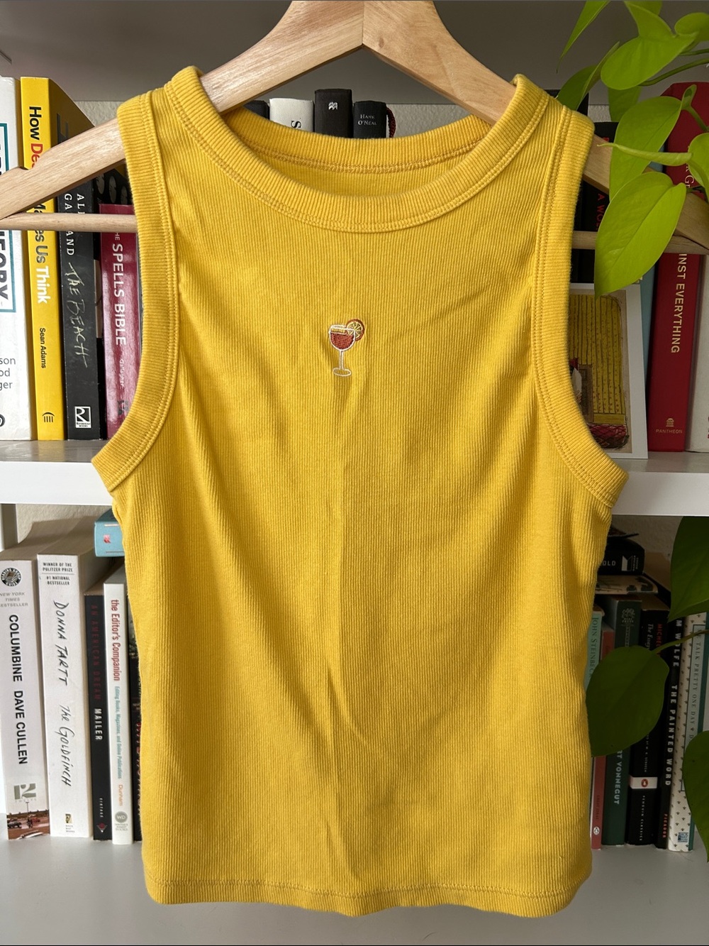 EUC Yellow Ribbed Sleeveless Tank with Cocktail Embroidery